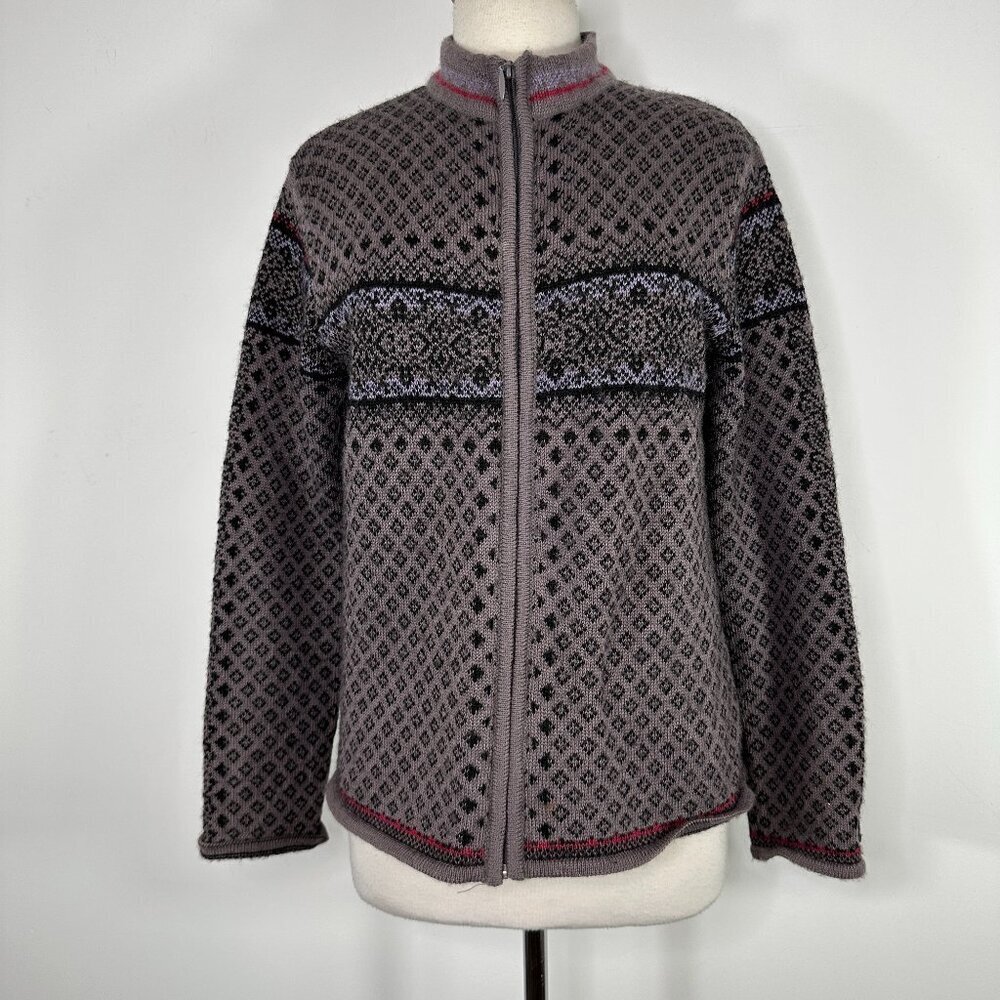 Icewear Iceland Fair Isle Women's Sz Large Pure New Wool Full Zip Taupe Cardigan